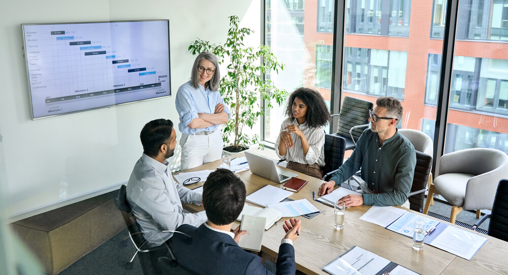 Image of people in a meeting room sitting at a table with a lady standing at the head of the table.